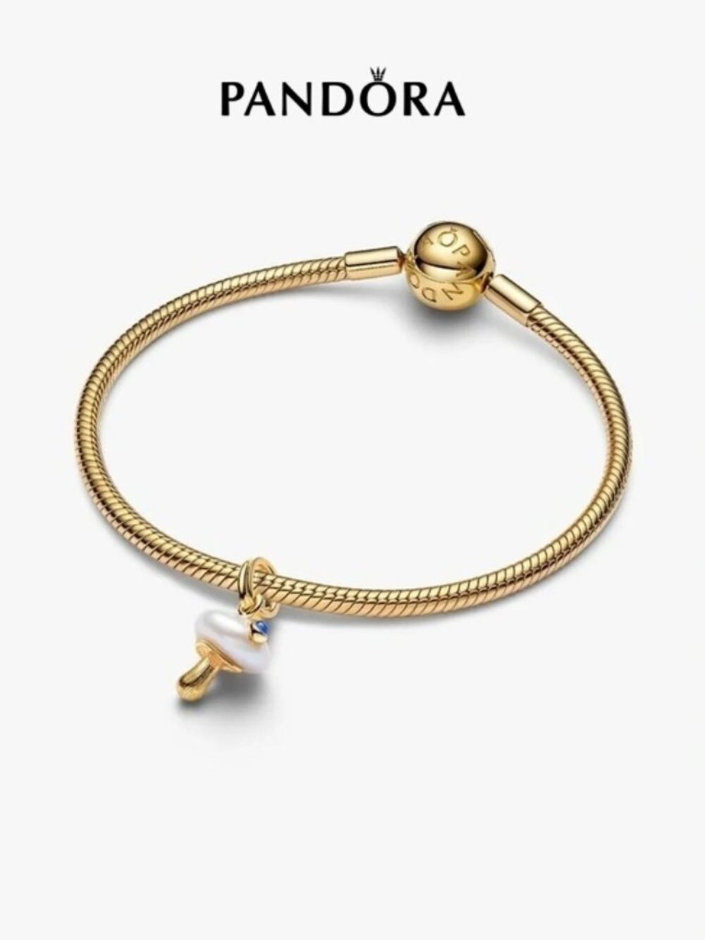Pandora Gold Plated Snake Chain Bracelet with White Pearl Mushroom Charm